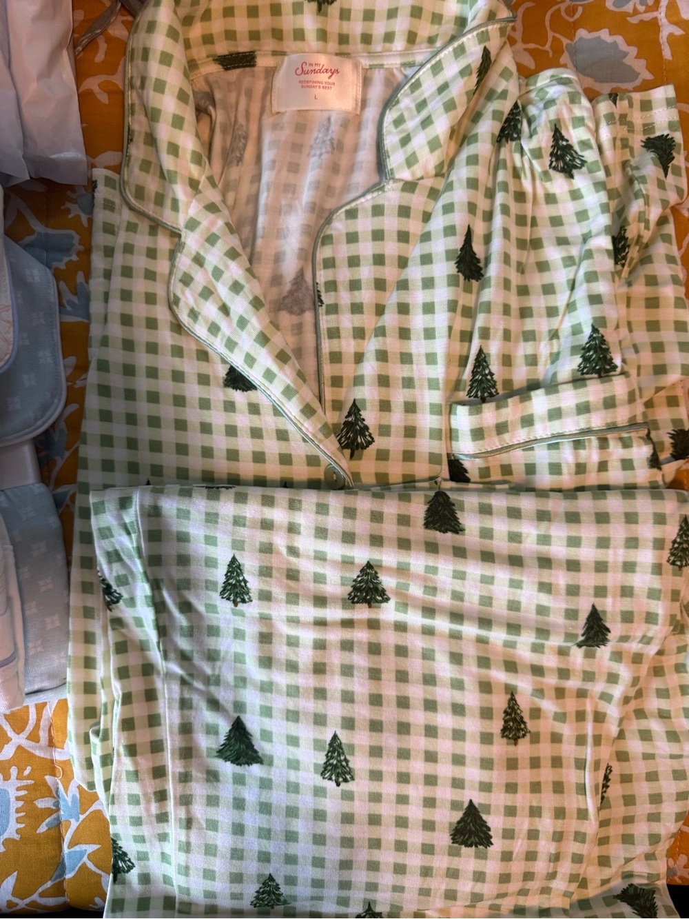 In MY Sundays Light Green and White Gingham Pajama Set with Tree Motif